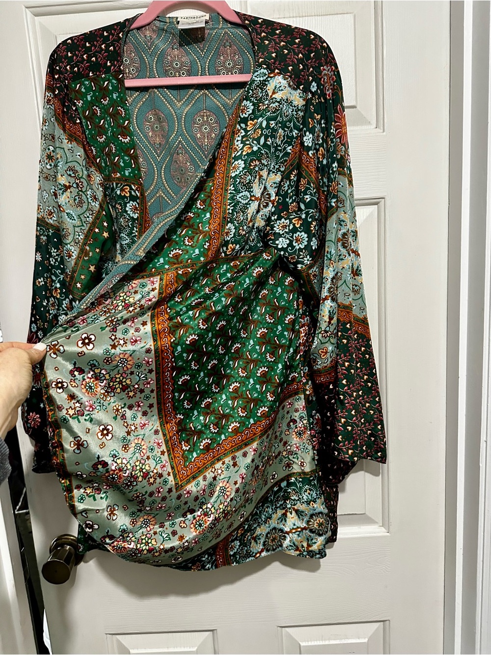 Earthbound Bohemian Patchwork Open Kimono Jacket - Multi Green - Picture 4 of 7